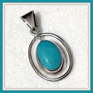 Taxco Mexico 925 Sterling Silver Turquoise Pendant Double Oval Large Bail 14.5g